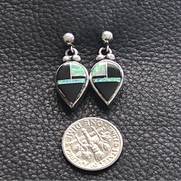 Vintage Southwestern Signed Onyx Opal Inlay Sterling Silver Earrings - Picture 7 of 8